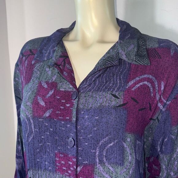 Vintage 90’s Purple Oversized Short Sleeve Button Down Funky Print Short Sleeve - Picture 5 of 11